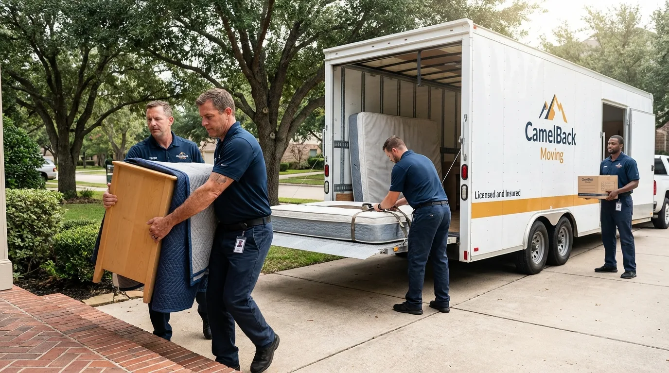 Crew loading residential truck for cross-state move from Mesquite, TX