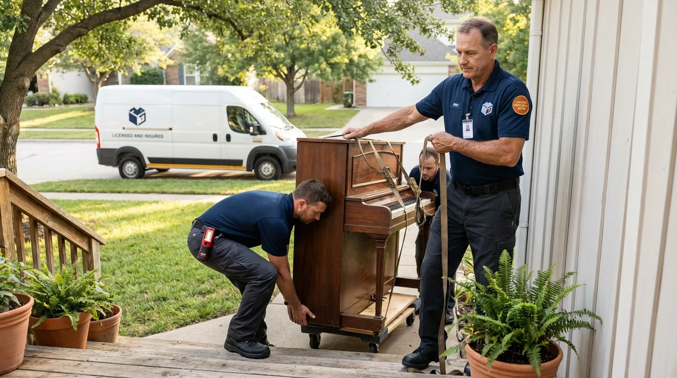 Licensed piano movers securing grand piano in Mesquite, TX