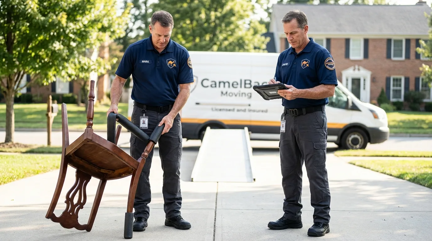 Movers inspecting furniture for damage prevention before loading in Mesquite, TX