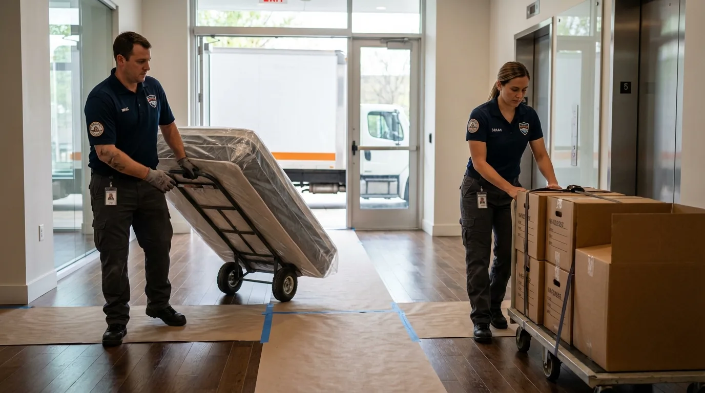 Professional apartment movers loading elevator in Mesquite, TX