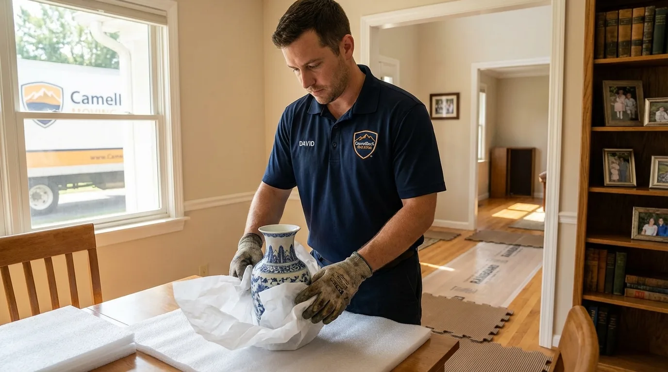 Professional crew carefully wrapping antique vase for senior downsizing move in Mesquite, TX